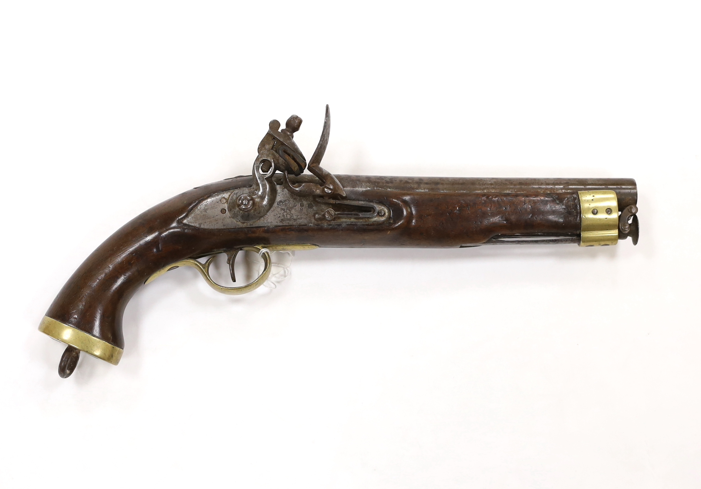 A 16 bore East India Company flintlock pistol, 9” barrel, London proof marks, regulation brass mounts and lock with EIC lion rampant, and fitted with iron lanyard with swivel ram rod